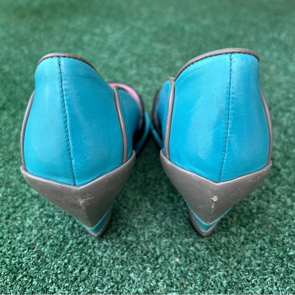 John Fluevog Vintage Miss April Peep Toe Wedge Heel Leather Turquoise Black 7 - Picture 6 of 13